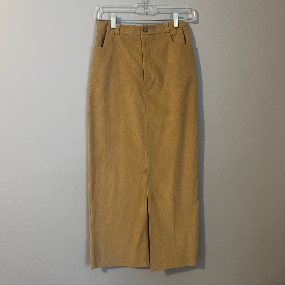 Kirious Tan Women's Corduroy Pencil Skirt With front center Slit Midi Size S